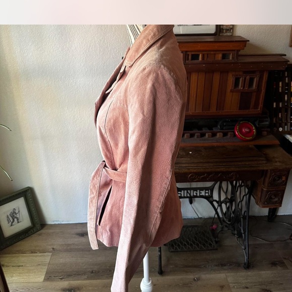 Women's Pink Genuine Leather Suede Jacket - Picture 3 of 7